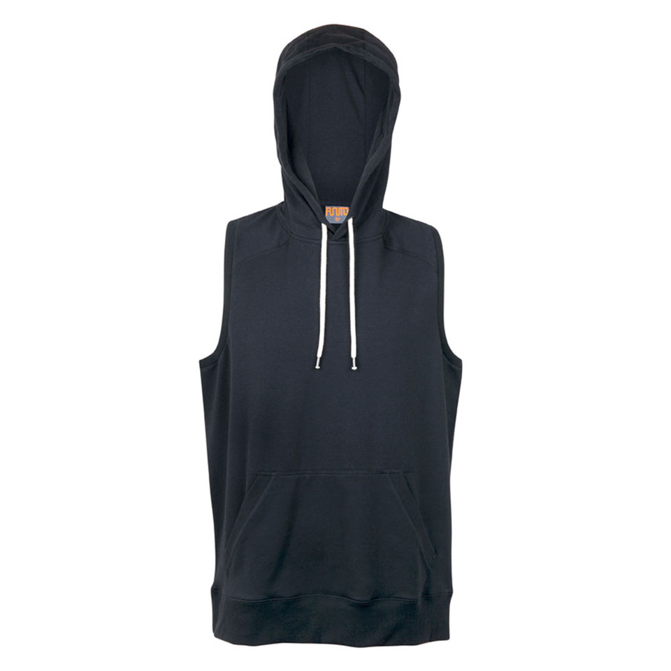 Navy sleeveless hooded tank with white drawcords and kangaroo pocket