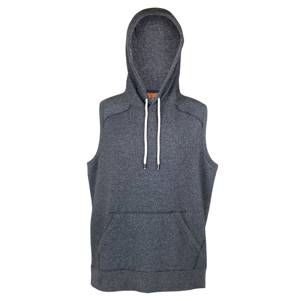 Charcoal marle sleeveless pullover hoodie with drawstring, kangaroo pocket and contrast white cords