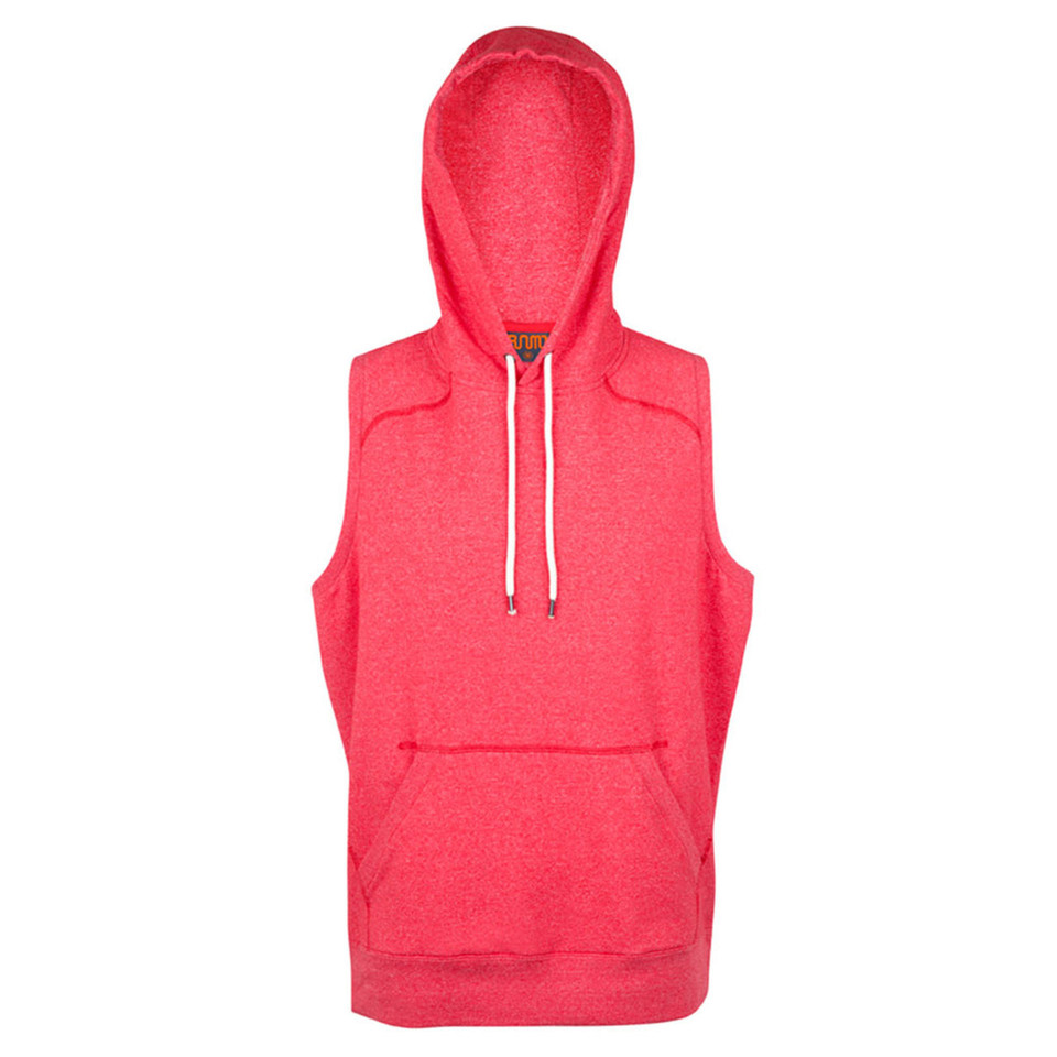 Coral pink sleeveless hooded tank with white contrast drawstrings and kangaroo pocket