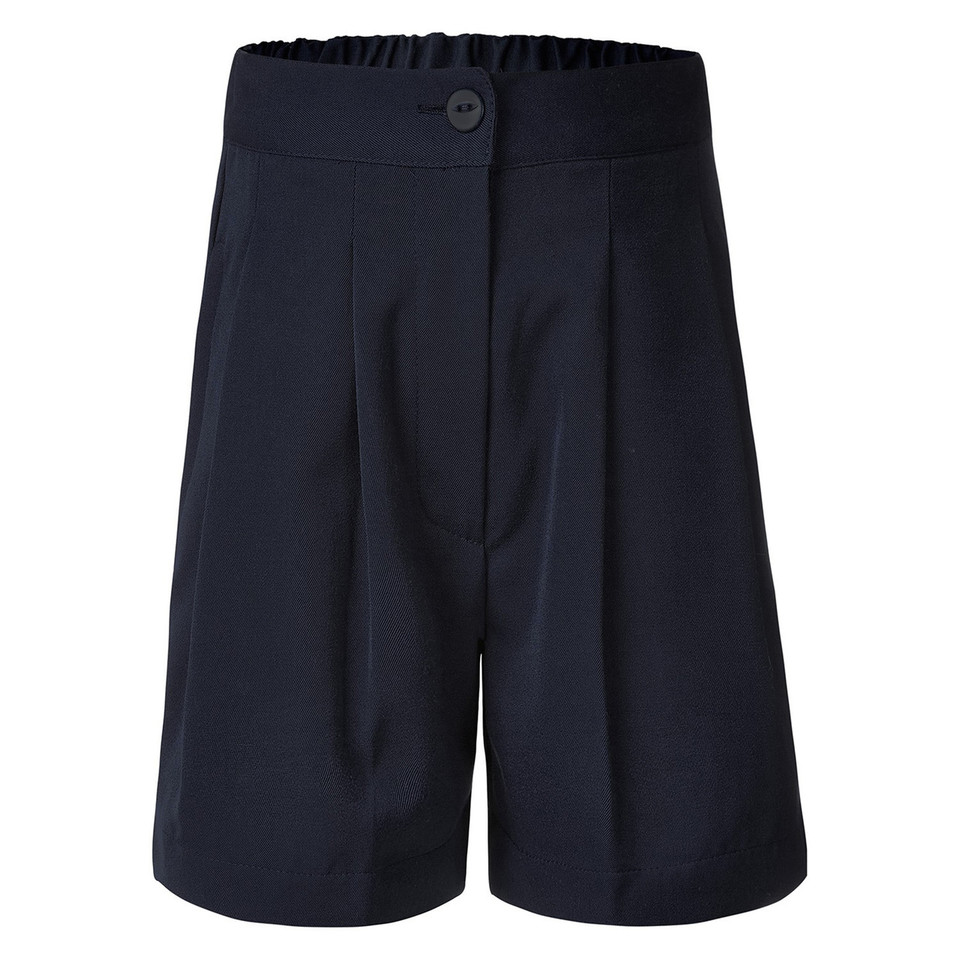 Navy tailored school shorts with elasticated waistband, front pleats and button detail