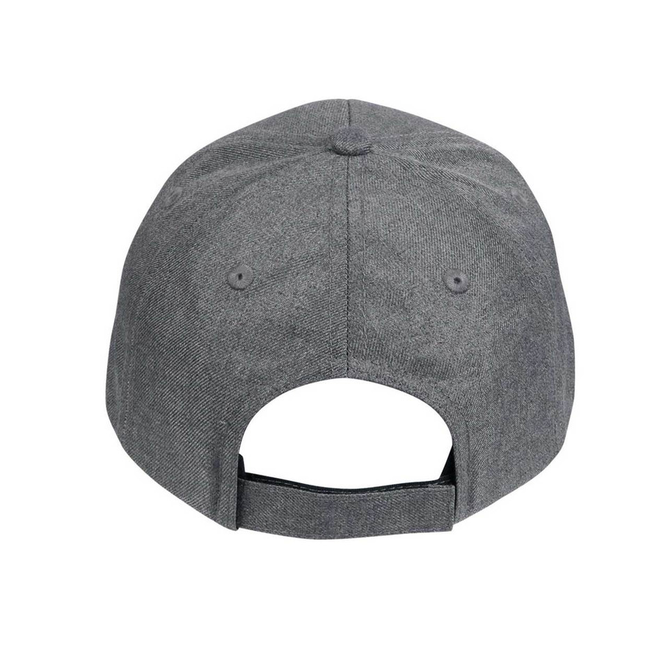 Charcoal heather baseball cap shown from back with adjustable fabric strap and structured six-panel crown