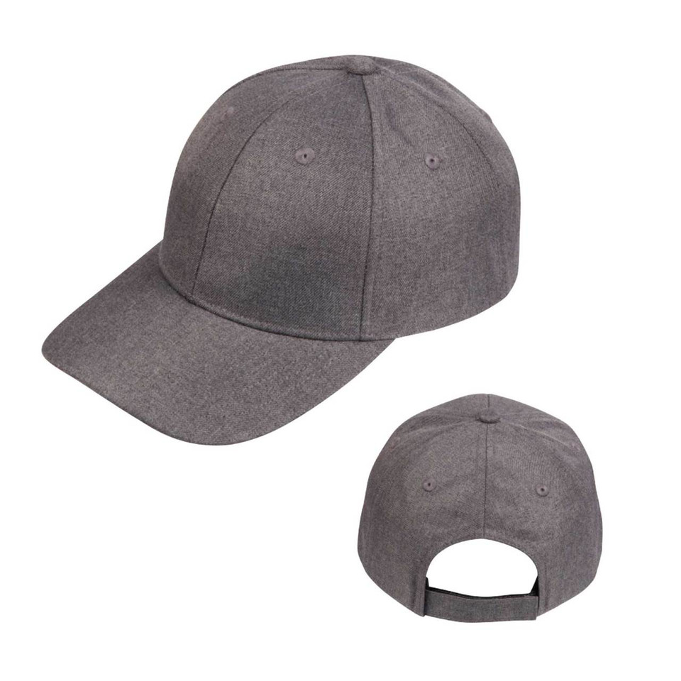 Charcoal heather polyester baseball cap with curved brim and adjustable back strap, front and rear views
