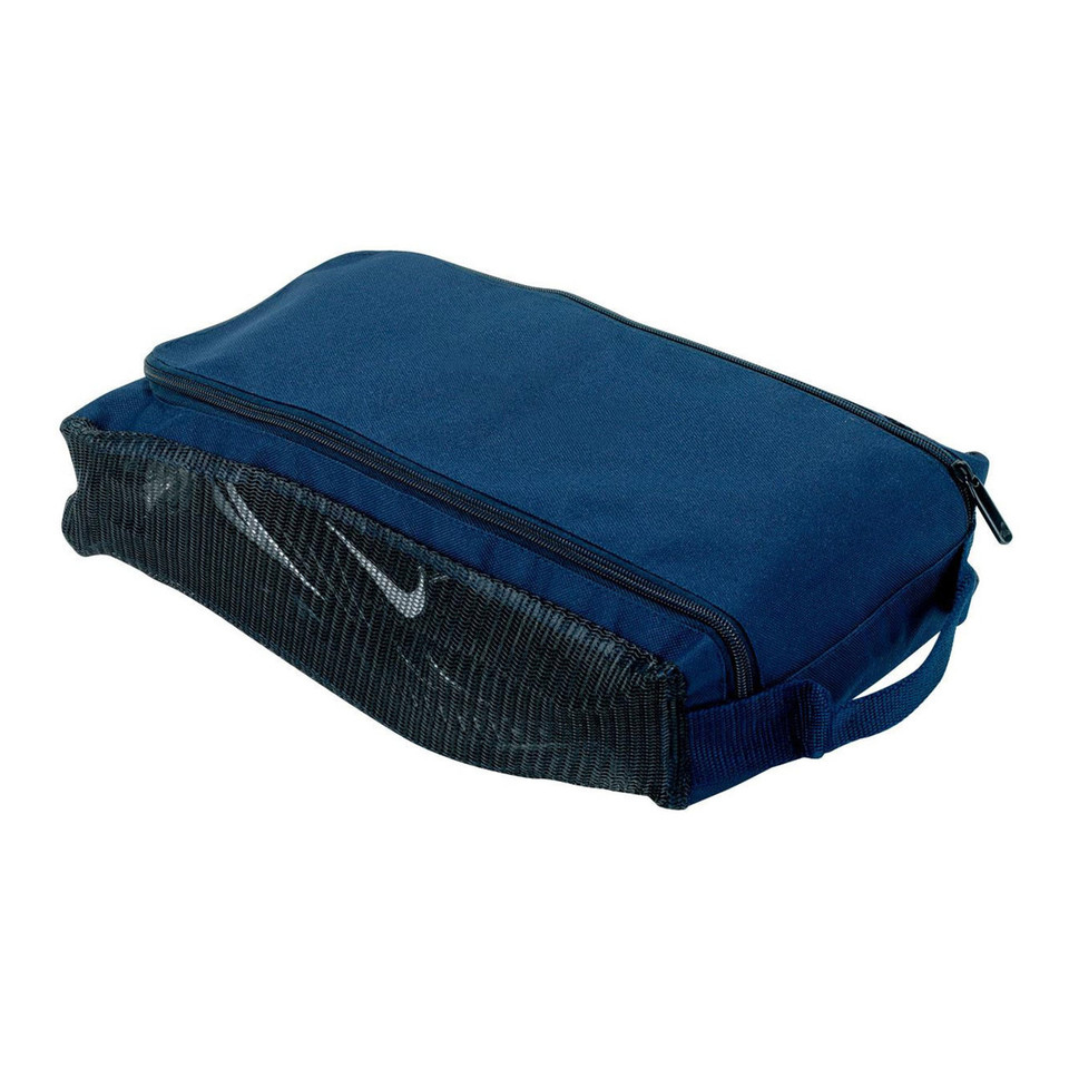 Navy blue zippered shoe bag with mesh ventilation panel and carry handle