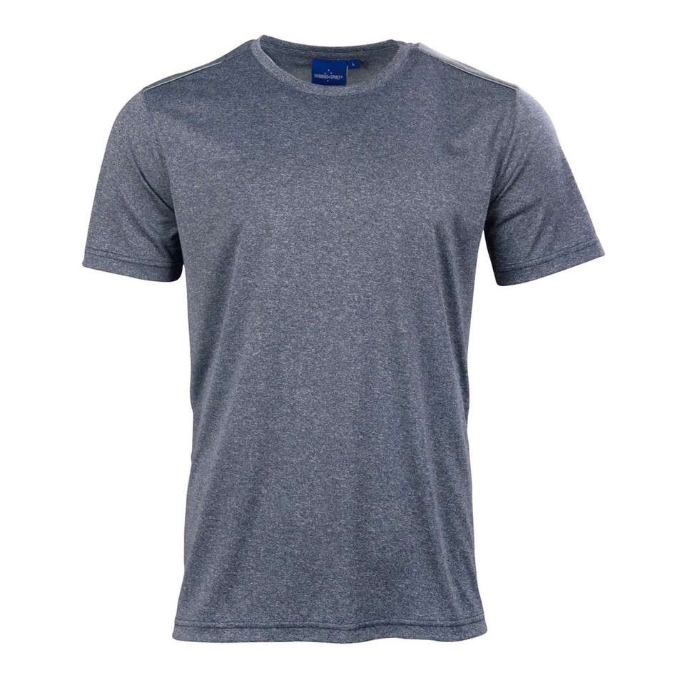 Navy heathered quick-dry t-shirt with reflective piping detail at shoulders and sides