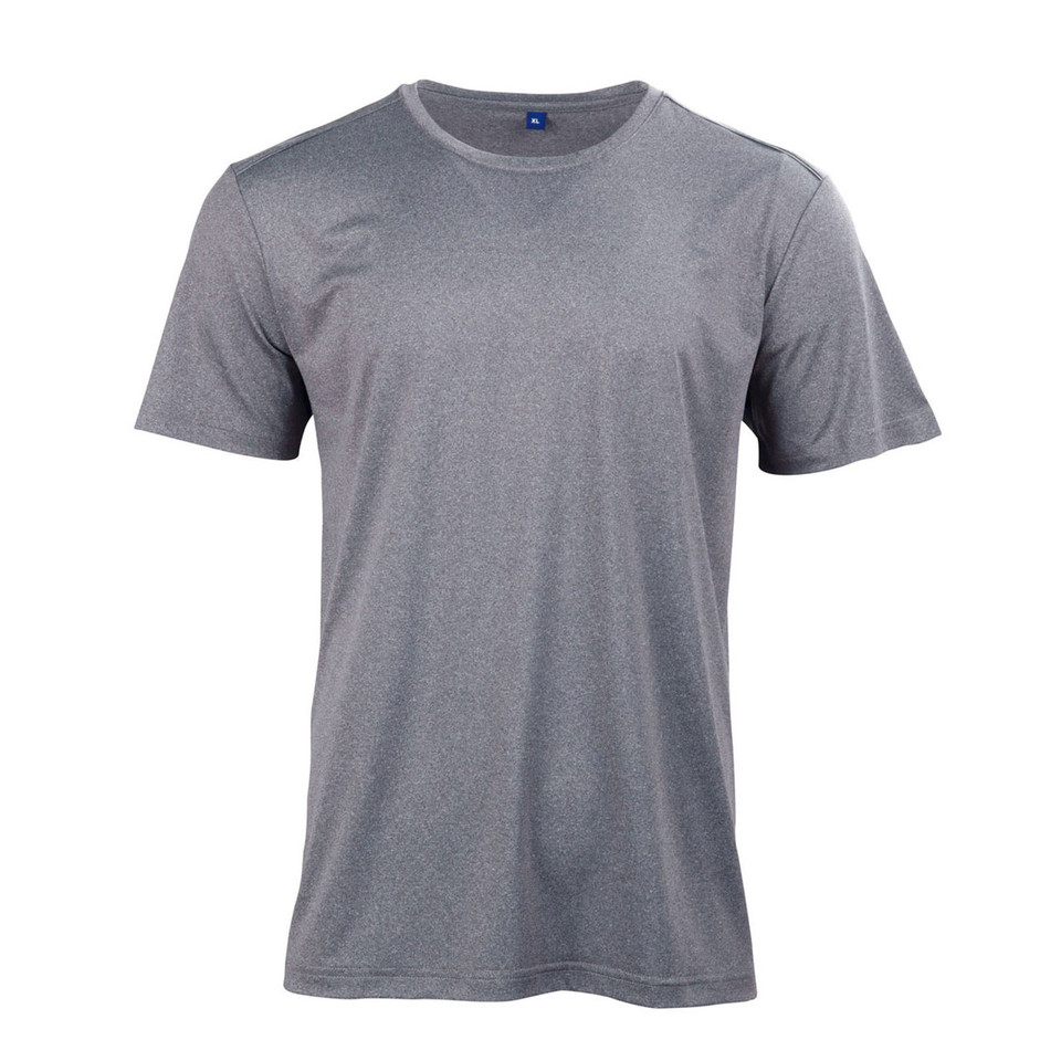 Grey marle men's crew neck quick dry tee with subtle reflective shoulder piping, flat lay packshot