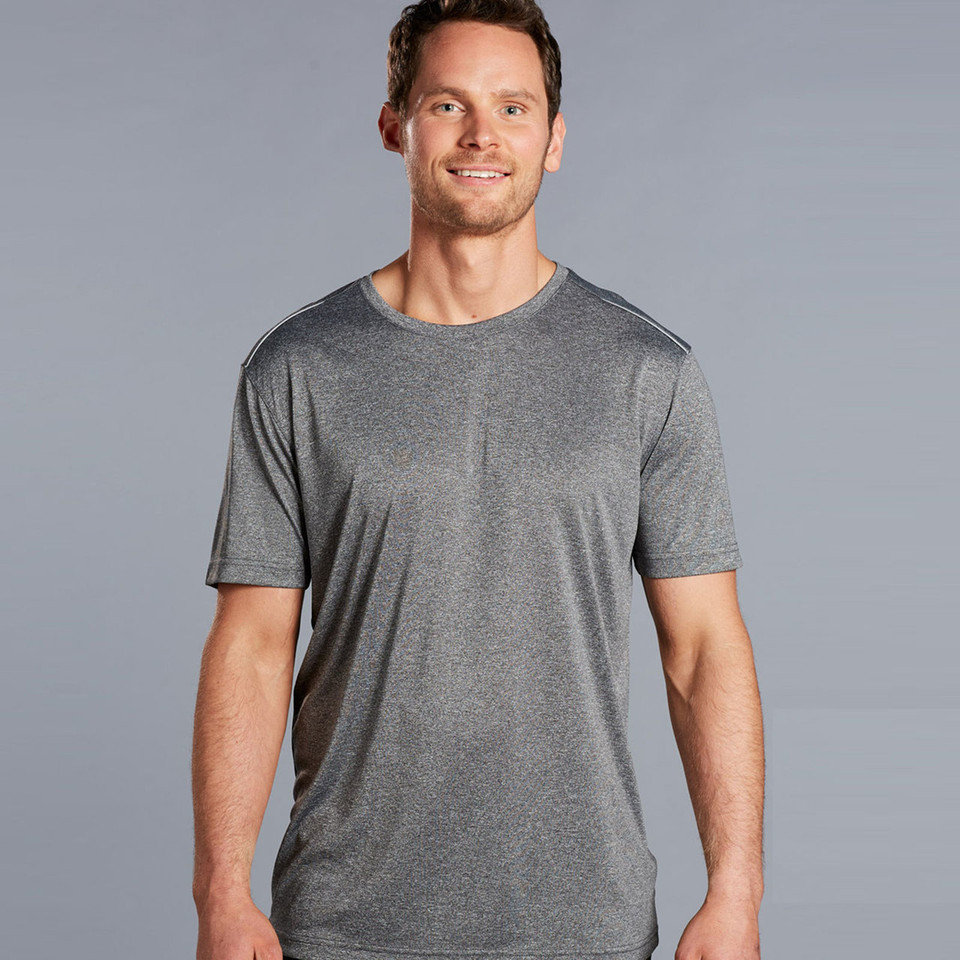 Man wearing charcoal marle quick dry crew neck tee with reflective shoulder piping detail