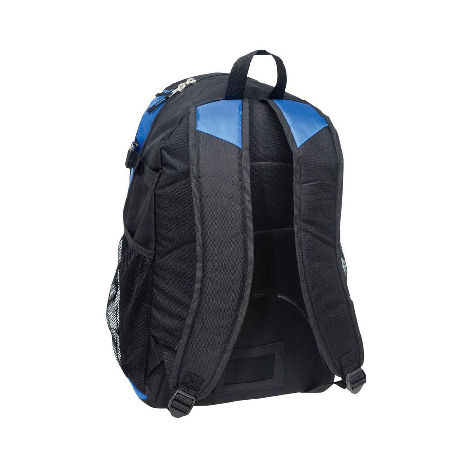 Charcoal and royal blue backpack shown from rear angle with padded shoulder straps and mesh side pocket