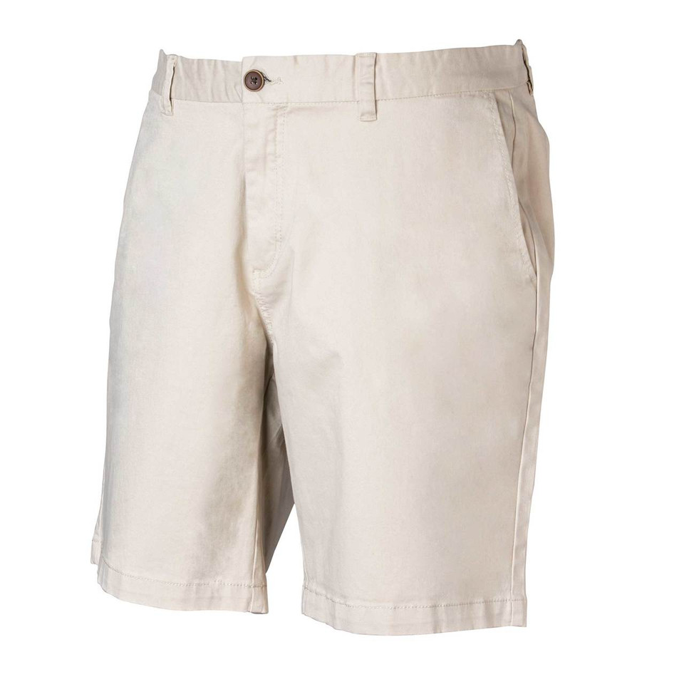 Natural beige stretch cotton twill shorts with flat front, belt loops and slant pockets