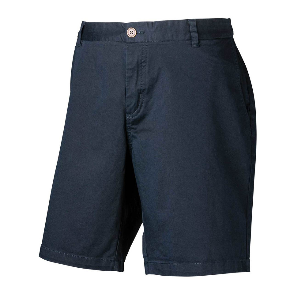 Navy stretch cotton twill chino shorts with belt loops and button fly closure