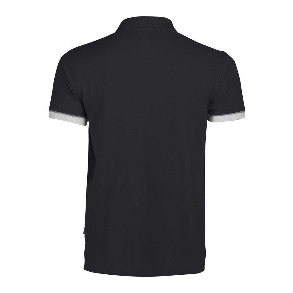 Back view of charcoal grey polo shirt with white contrast sleeve trim and modern fit silhouette