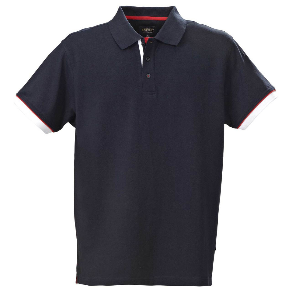 Navy polo shirt with red contrast tipping on collar and sleeves, modern fit styling