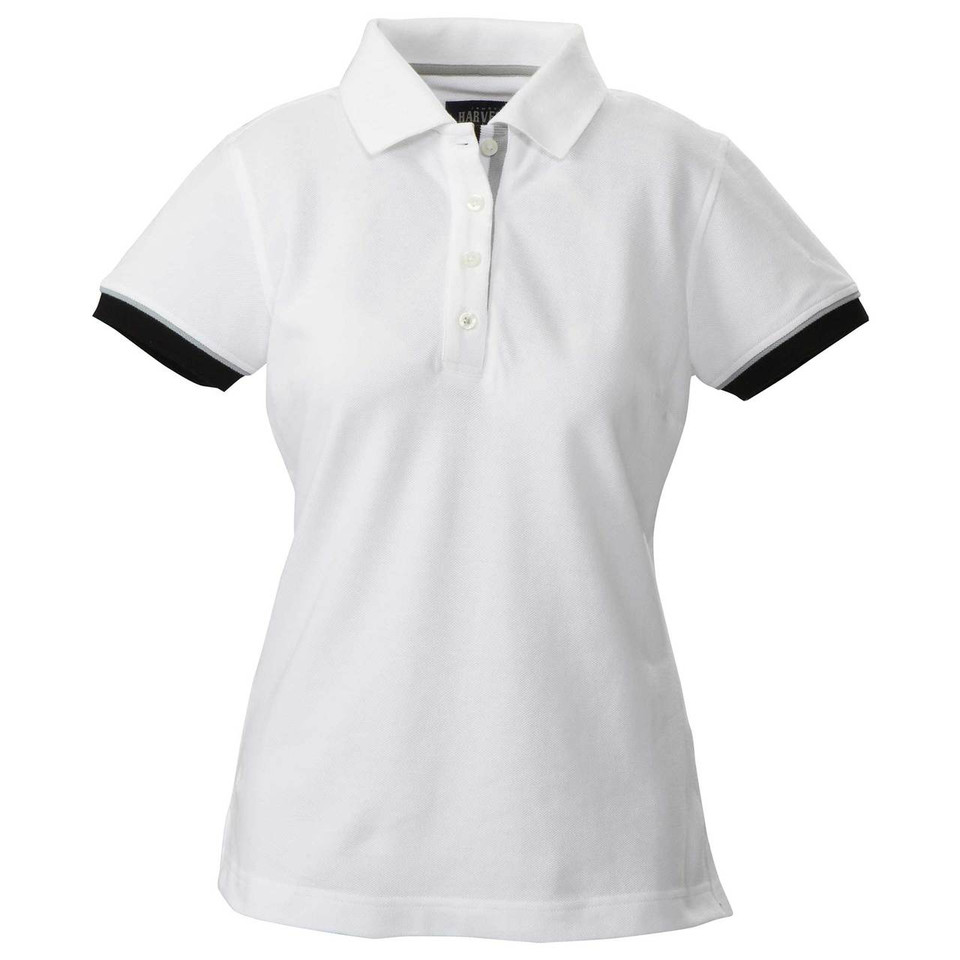 White ladies polo shirt with black contrast sleeve cuffs and modern fit silhouette
