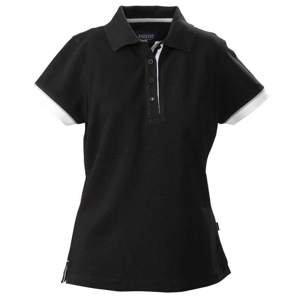 Black ladies polo shirt with white contrast inner placket and sleeve cuffs, modern fit silhouette with side splits