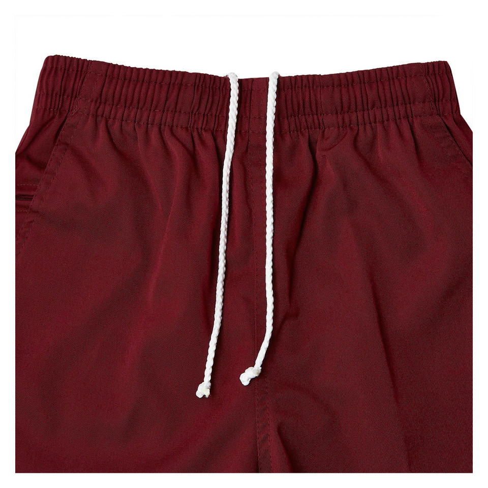 Maroon school shorts with elasticated waistband and white drawstring cord detail