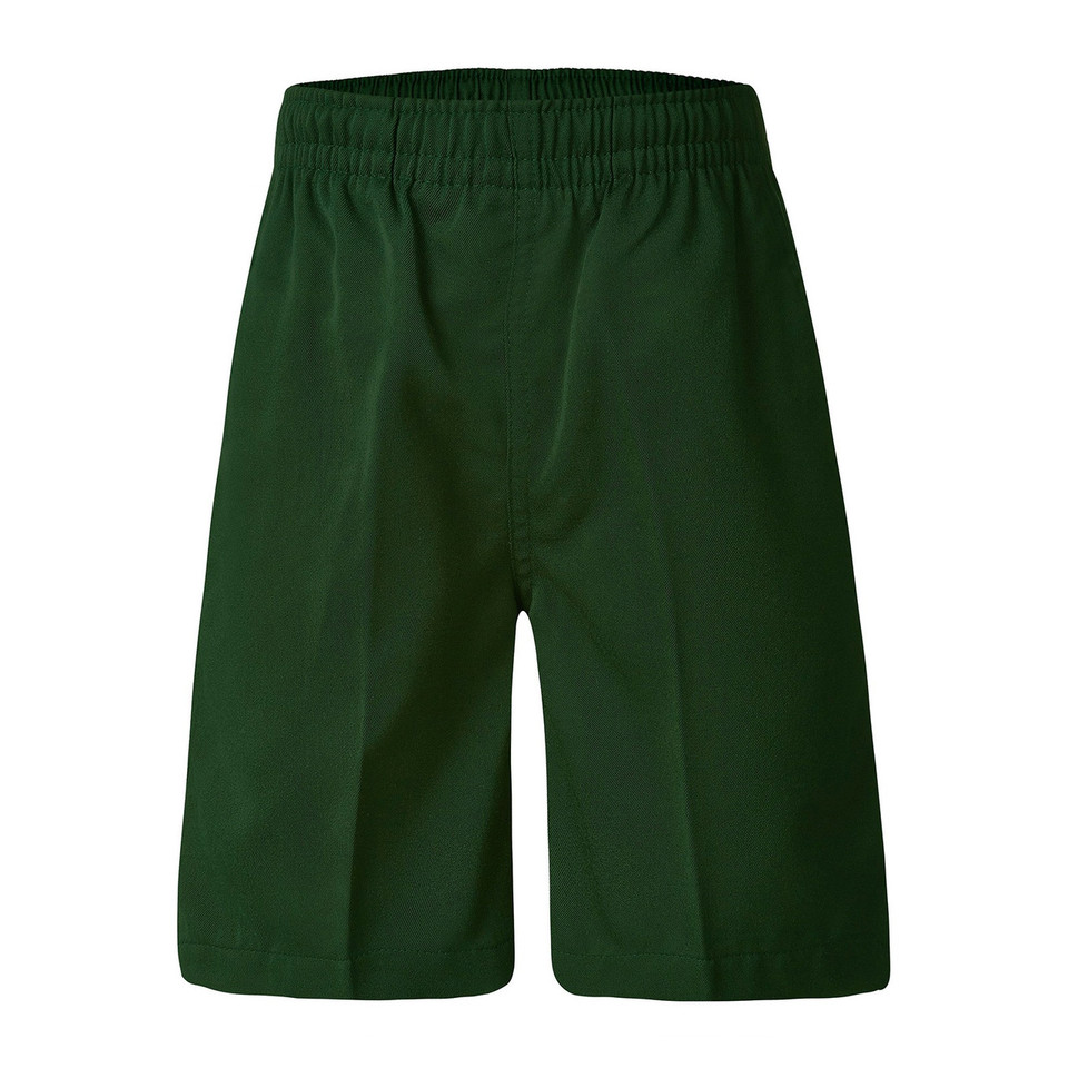Bottle green school shorts with elasticated waistband and centre front crease