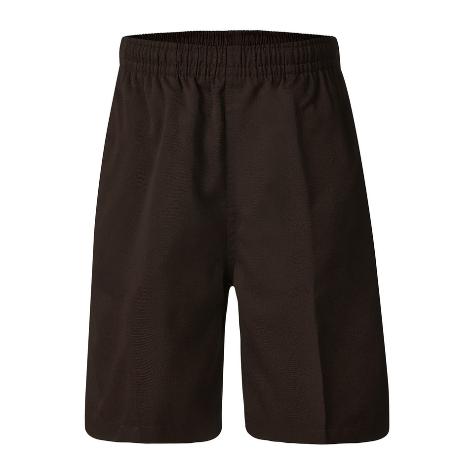 Dark brown plain school shorts with elasticated waistband, flat front panel, packshot on white