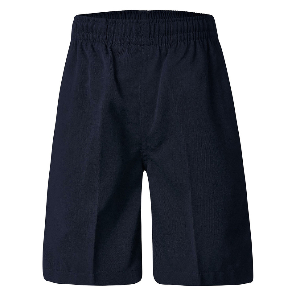 Navy blue pull-on school shorts with elasticated waistband and clean flat front panels