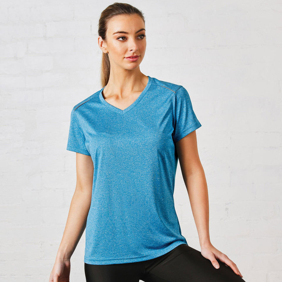 Turquoise heather performance tee with v-neck and reflective piping detail on shoulders