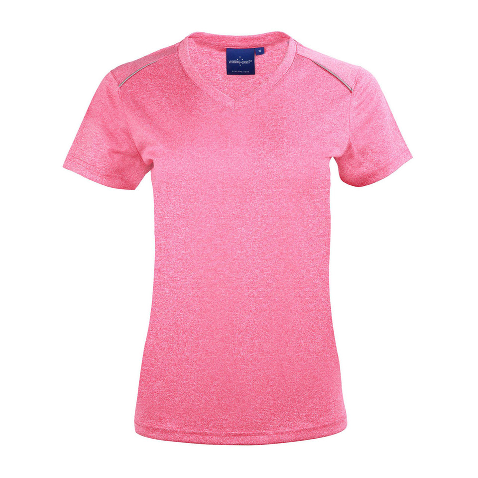 Hot pink heathered ladies tee with raglan sleeves and reflective piping detail