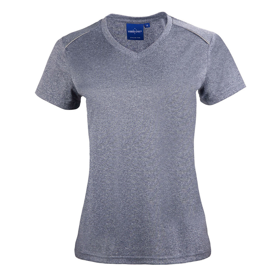 Grey marle women's v-neck t-shirt with reflective piping detail on shoulders and sleeves