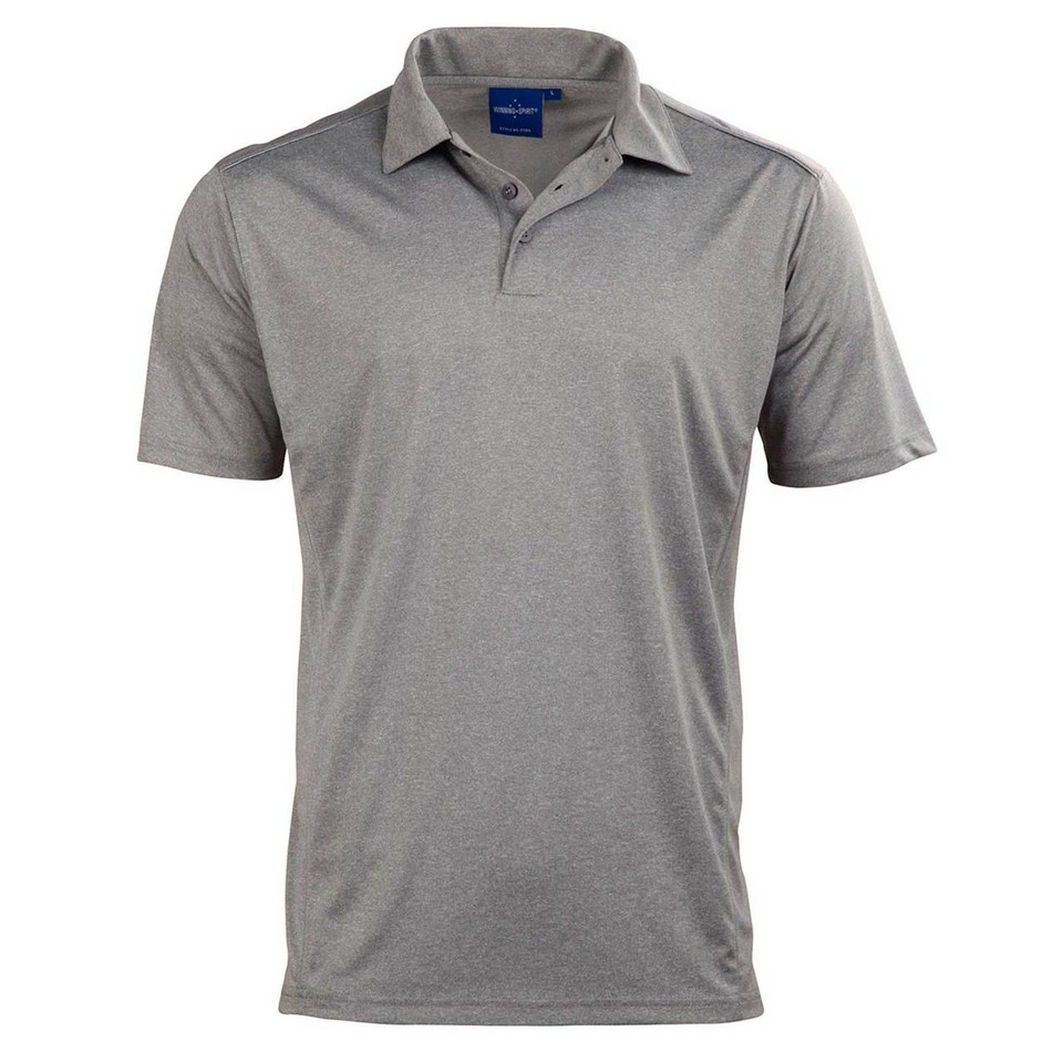Grey marle quick-dry polo shirt with reflective piping detail on shoulders and three-button placket