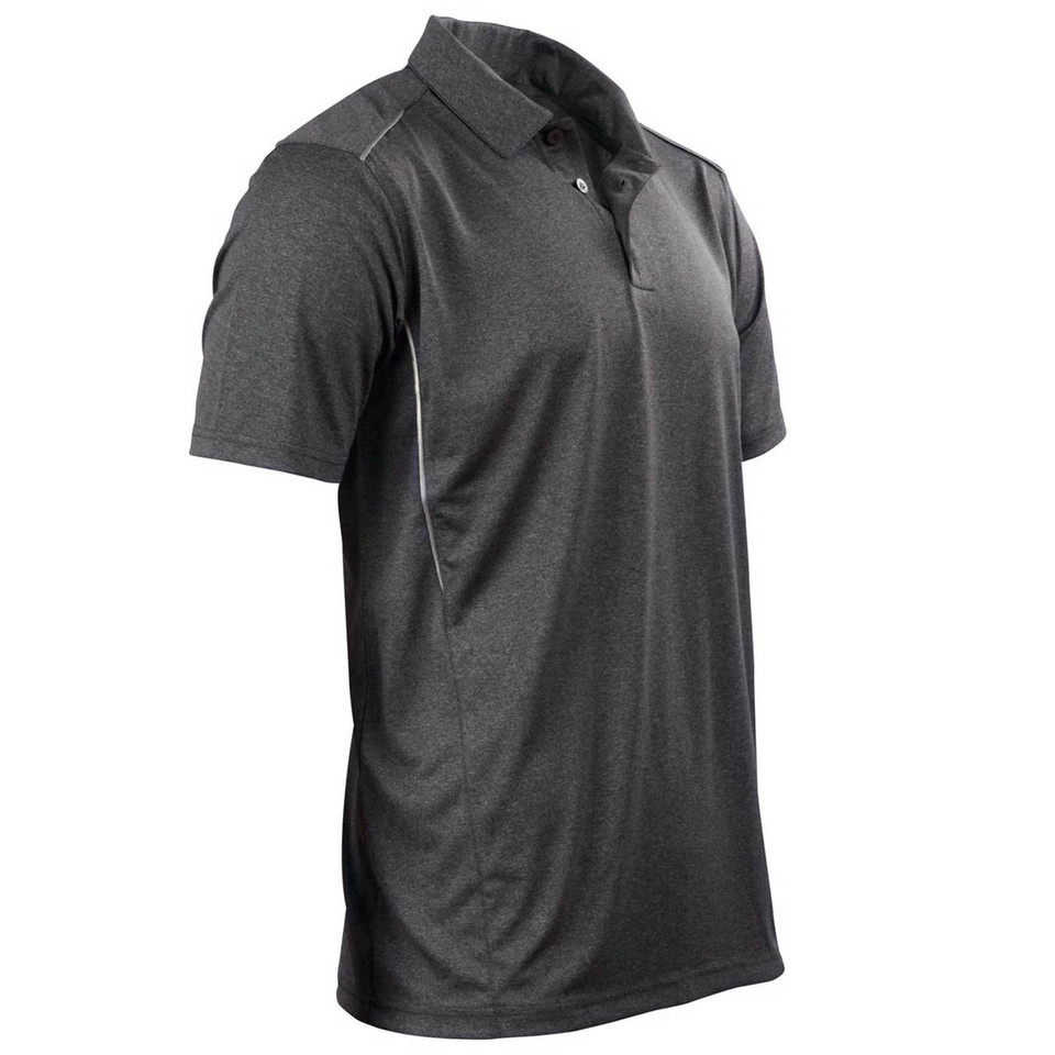 Charcoal grey polo shirt with reflective white piping along shoulders and placket