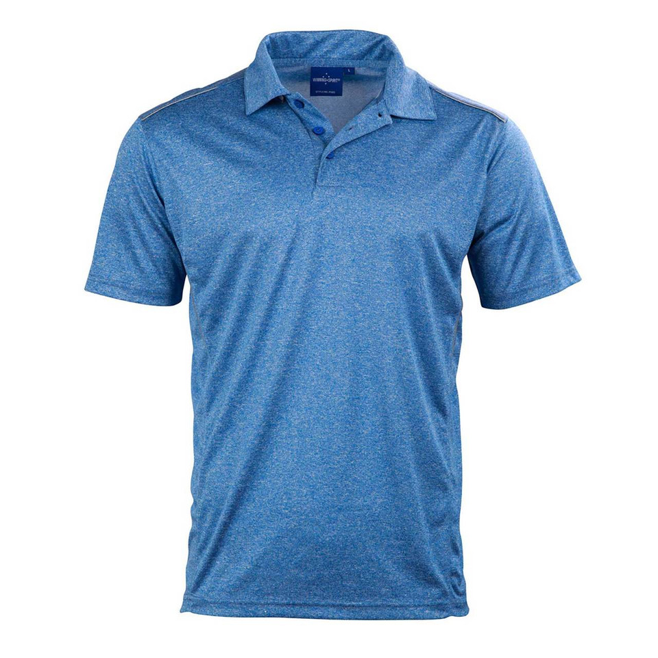Sky blue heathered polo shirt with reflective piping detail and contrast collar