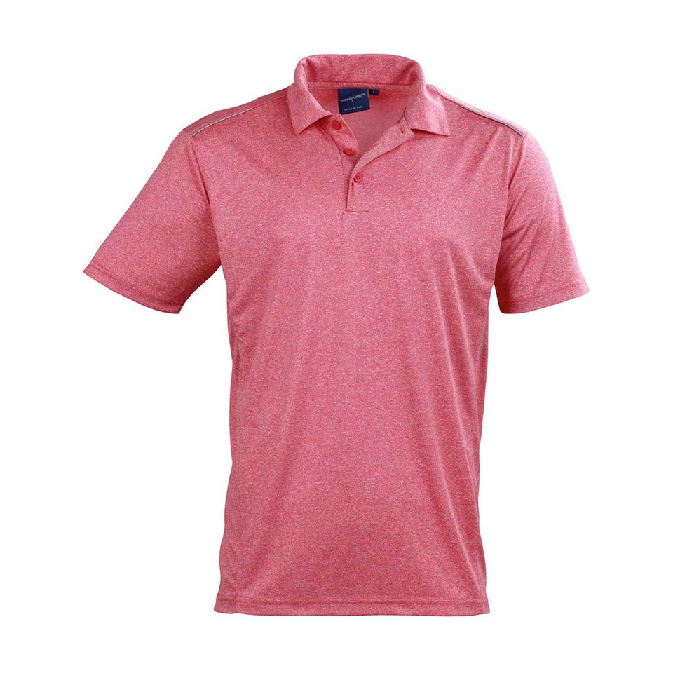 Coral pink heathered polo shirt with reflective piping detail on shoulders and placket