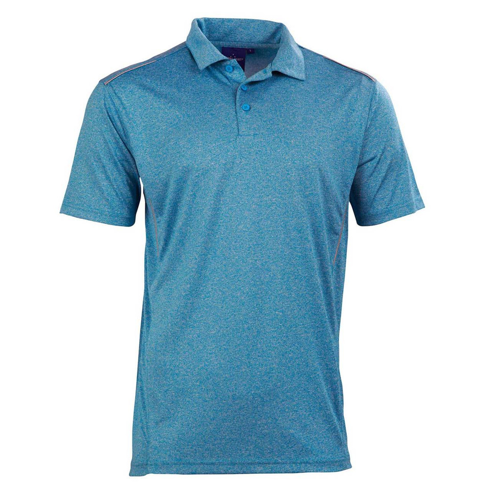 Men's teal marl quick dry polo shirt with contrast reflective shoulder piping and two-button placket