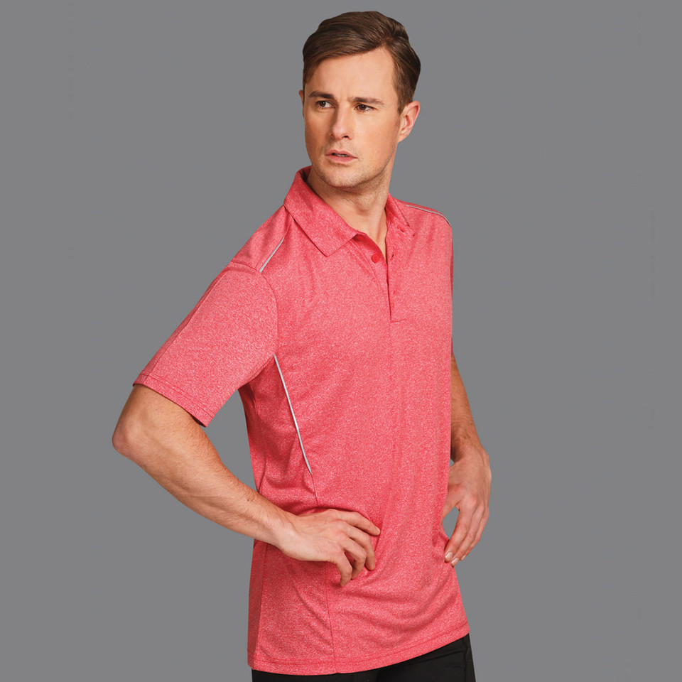 Man wearing coral marl short sleeve polo with white reflective side piping and open placket