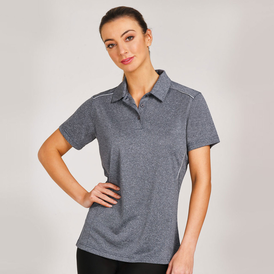 Charcoal grey marle ladies polo shirt with reflective piping detail on shoulders and collar