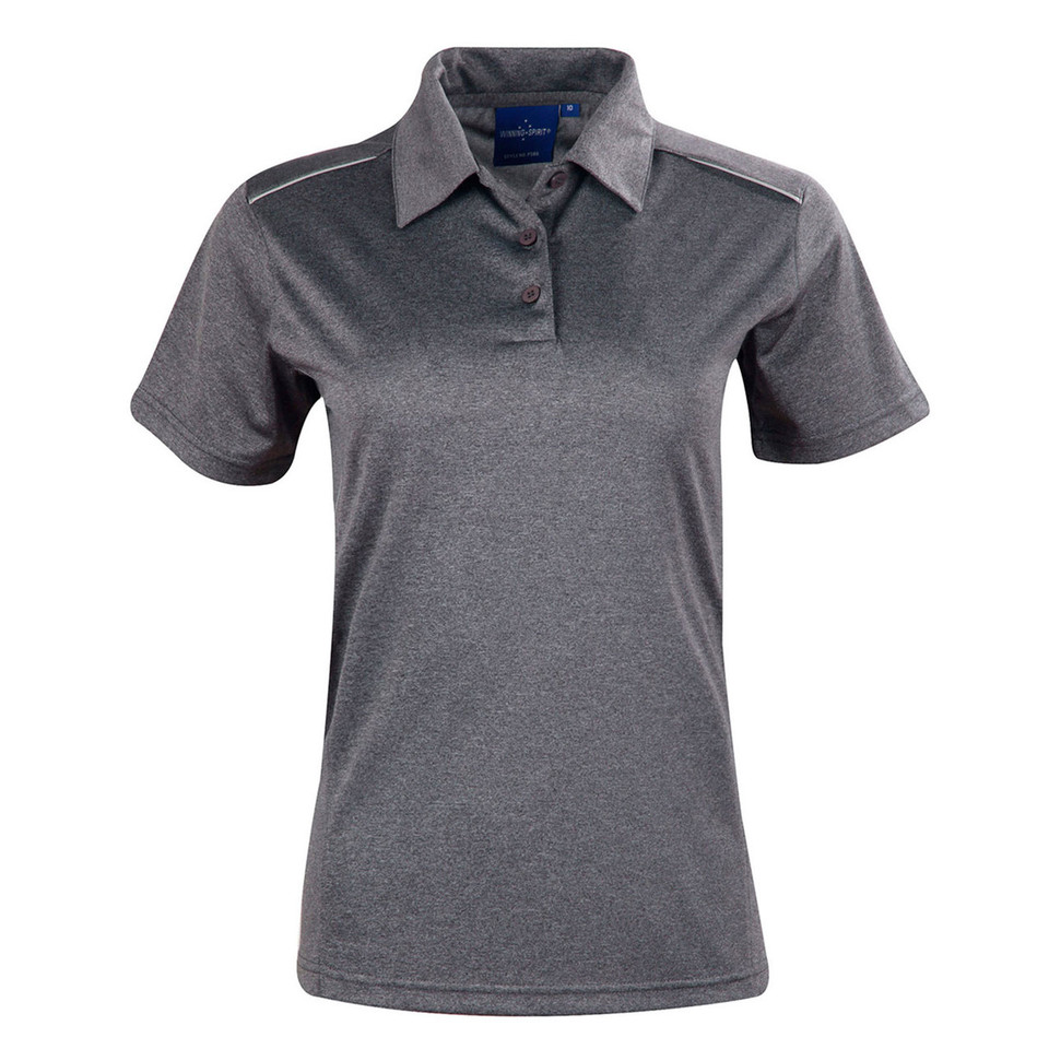 Heather Black HACKETT Ladies Quick Dry Polo Shirt featuring moisture-wicking performance fabric and reflective piping for enhanced visibility, designed for a professional fitted look in active work environments.