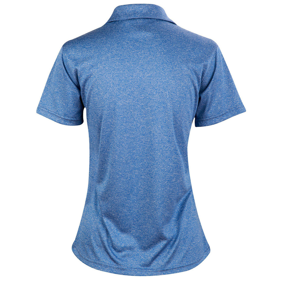 Royal blue heather ladies polo shirt back view with collar and reflective piping detail on short sleeves
