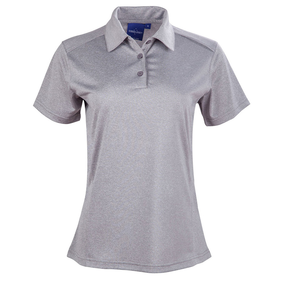 Women's light grey quick-dry polo shirt with reflective piping detail on shoulders and collar