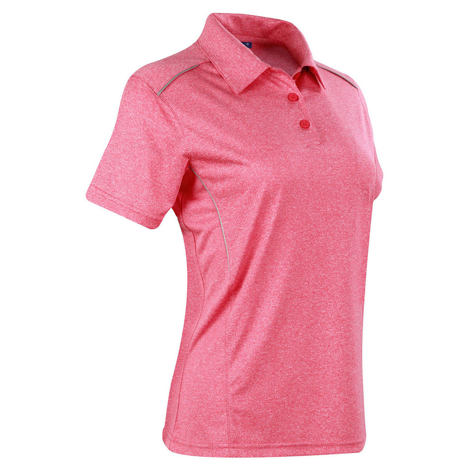 Coral pink heather ladies polo shirt with reflective piping detail on shoulders and three-button placket