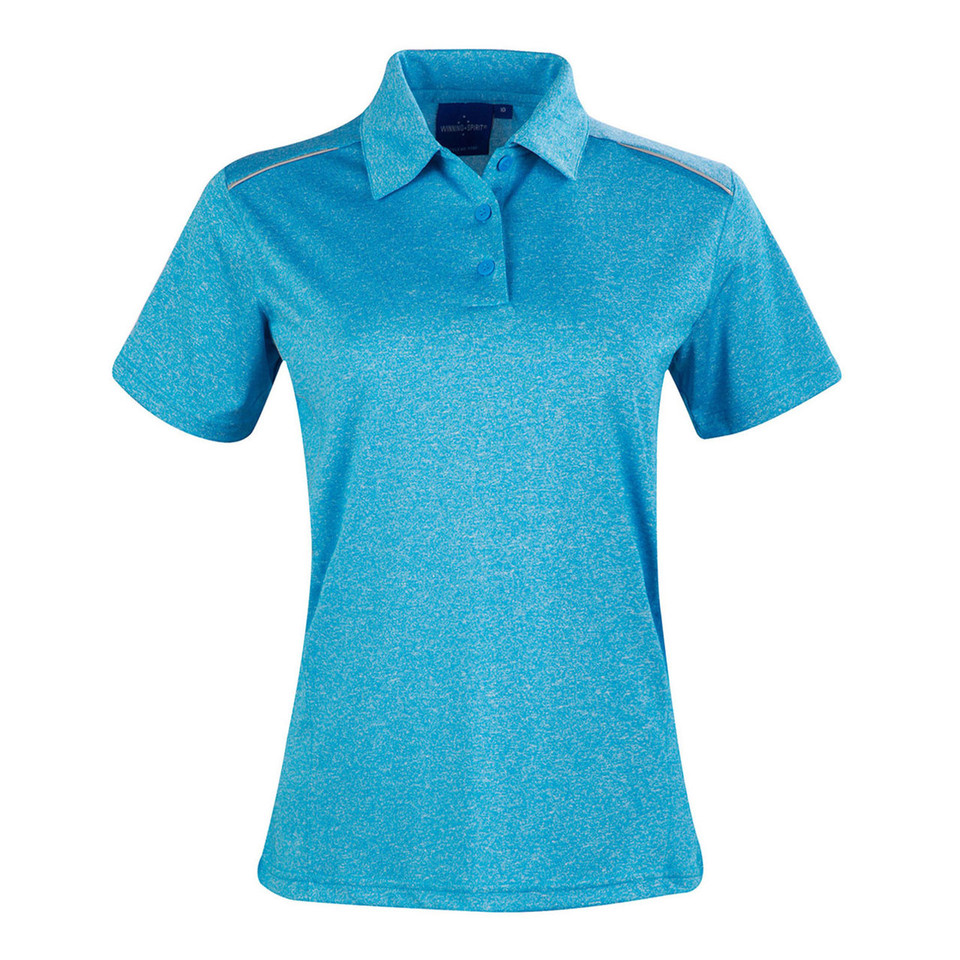 Turquoise heathered polo shirt with reflective piping detail on shoulders and short sleeves