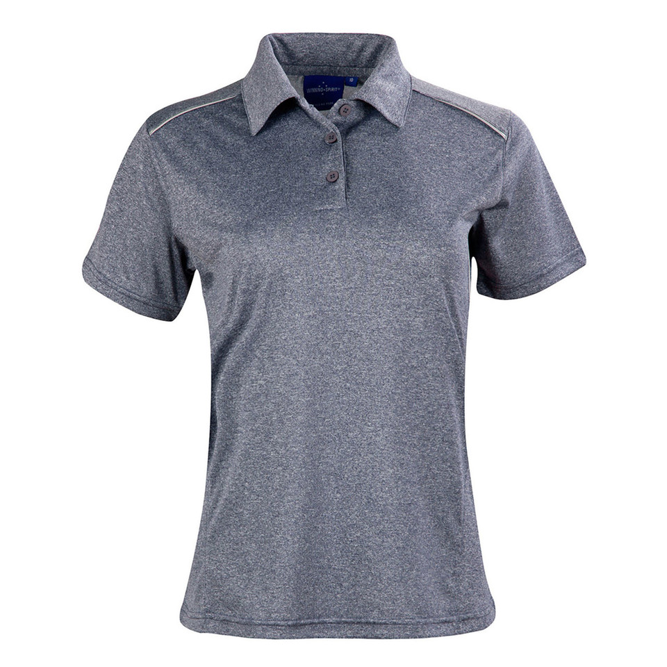 Charcoal marle ladies polo shirt with reflective piping detail on shoulders and collar