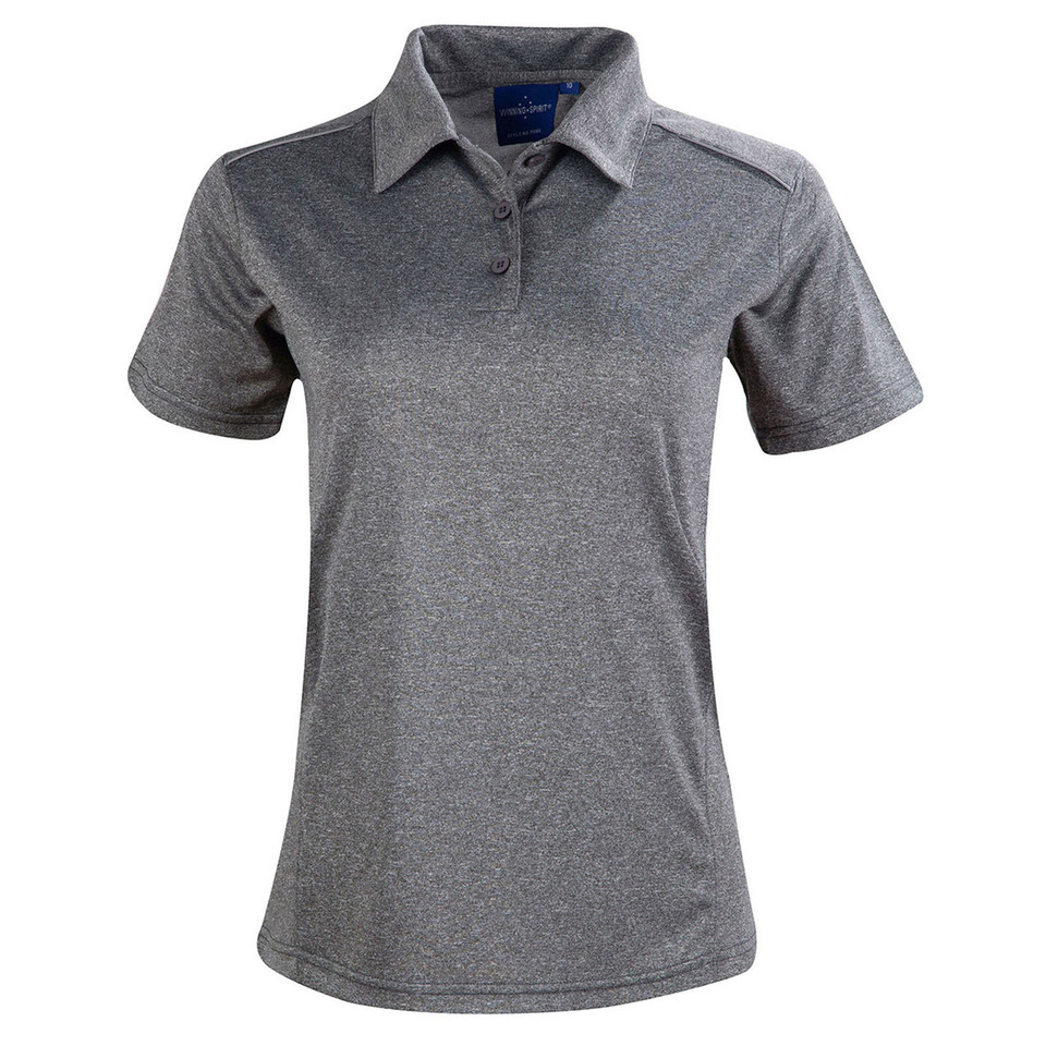 Heather Charcoal HACKETT Ladies Quick Dry Polo Shirt featuring moisture-wicking performance fabric and reflective piping for enhanced visibility, designed for a professional fitted look in active work environments.