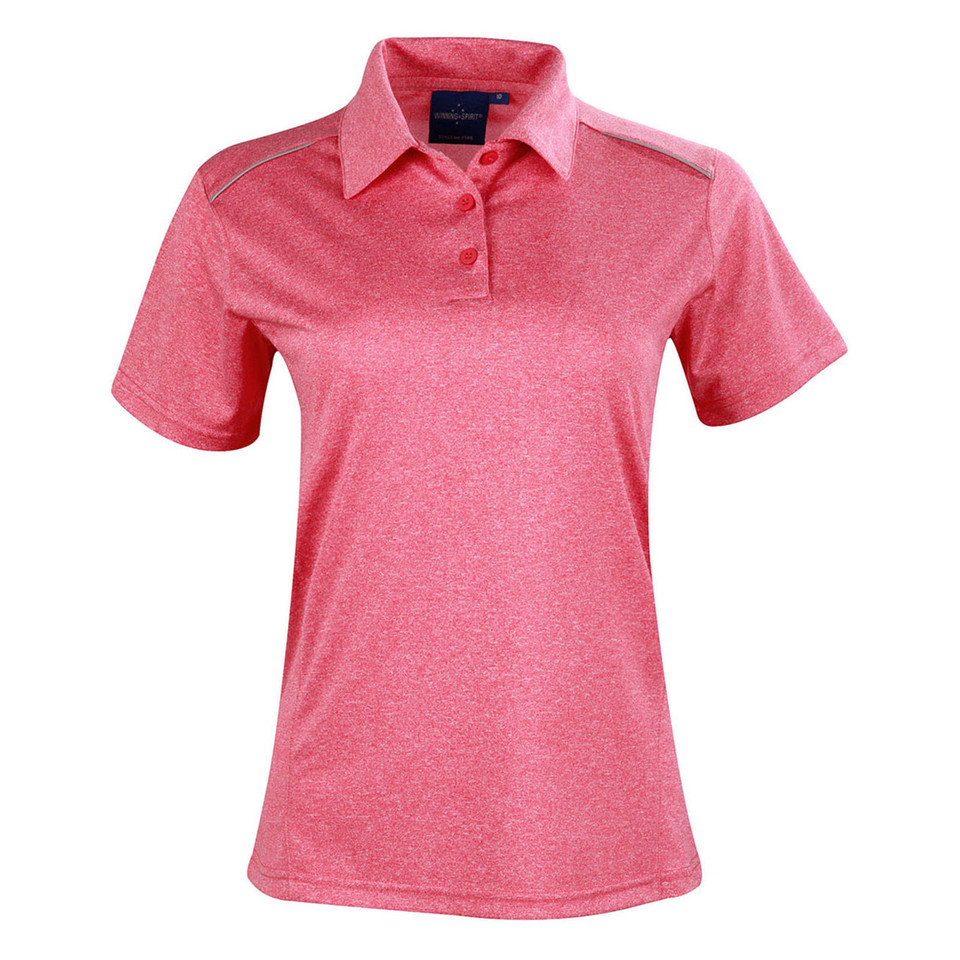 Heather Red HACKETT Ladies Quick Dry Polo Shirt featuring moisture-wicking performance fabric and reflective piping for enhanced visibility, designed for a professional fitted look in active work environments.
