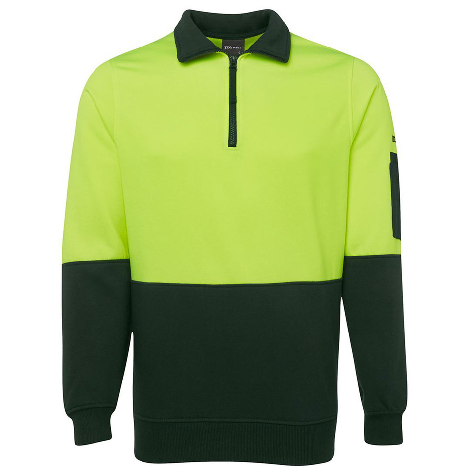 Hi-vis yellow and bottle green half-zip fleece with contrast collar, sleeve pocket, and colour block panel design