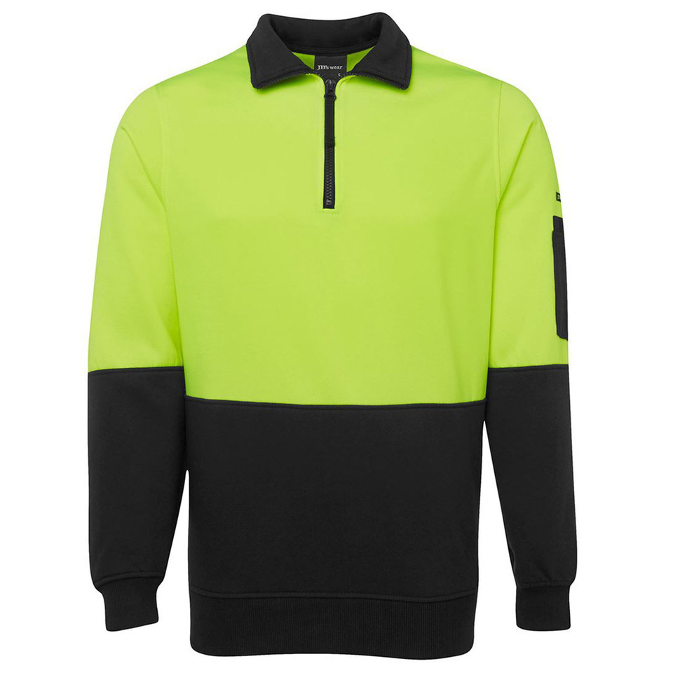 Hi-vis yellow and charcoal two-tone fleece sweater with half zip and contrast collar