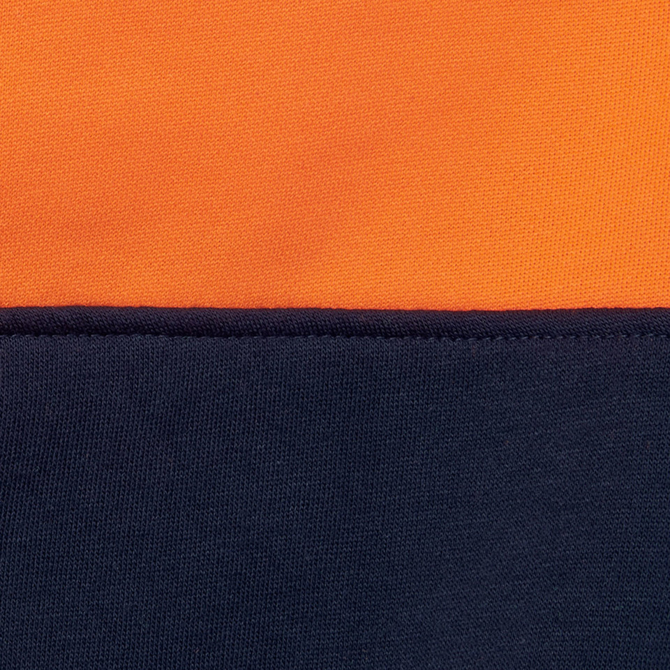 Hi-vis orange and navy fleece fabric with horizontal colour block design ideal for decoration