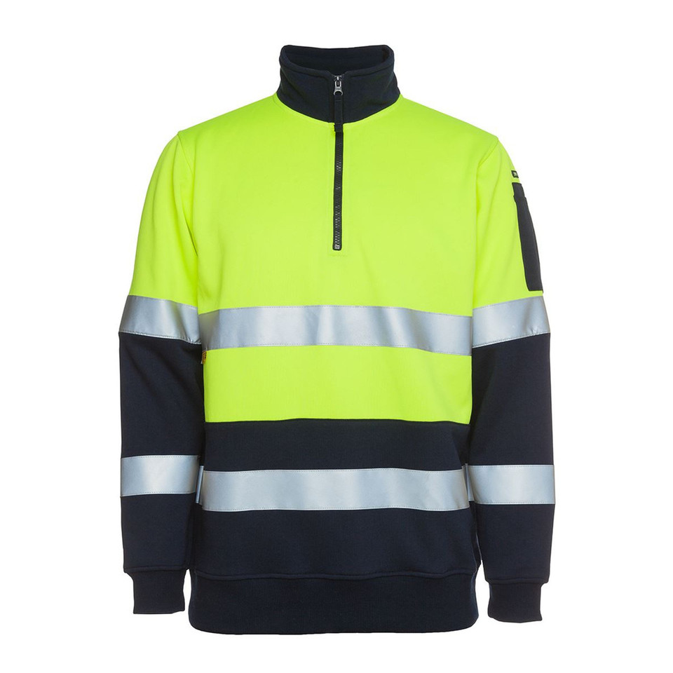Hi-vis fleece sweater with safety yellow upper, navy lower panels, silver reflective tape, and half-zip collar