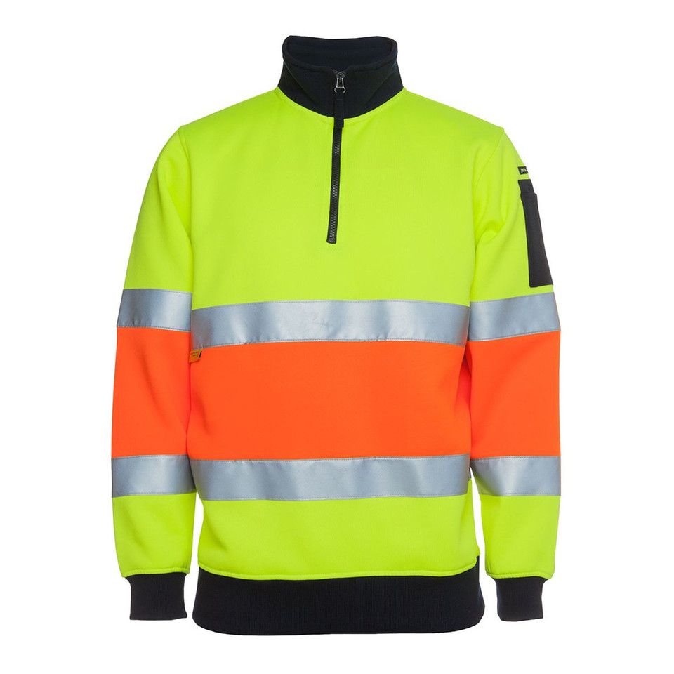Hi-vis fleece sweater with black half-zip, fluorescent yellow and orange panels with silver reflective tape
