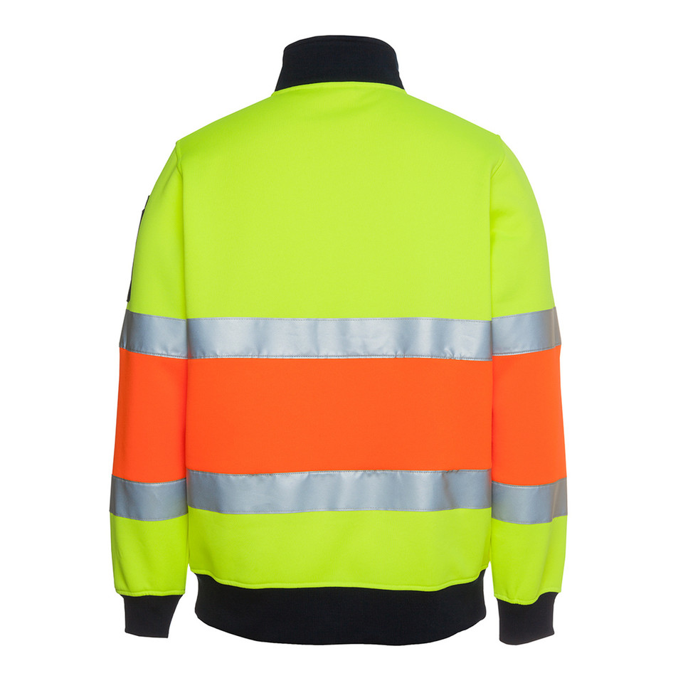 Hi-vis fleece half-zip sweater with safety yellow and orange panels, reflective silver tape, and black collar and cuffs