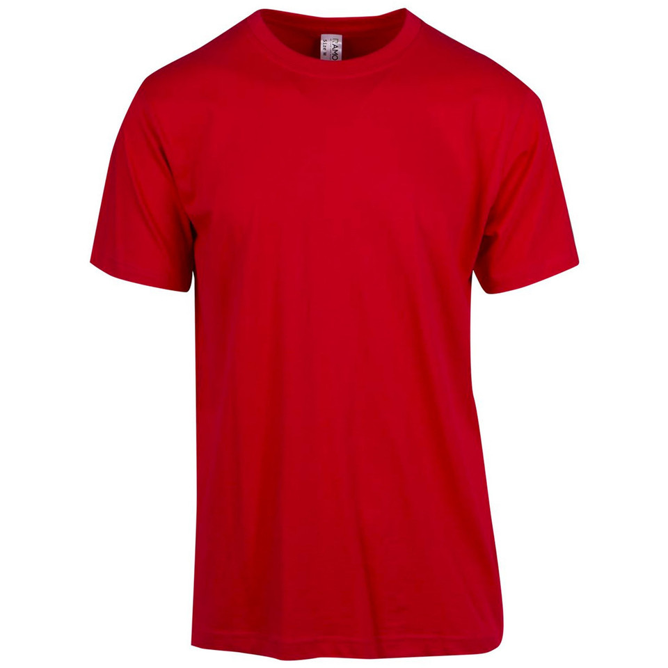 Bright red crew neck t-shirt with short sleeves and smooth flat front panel for decoration