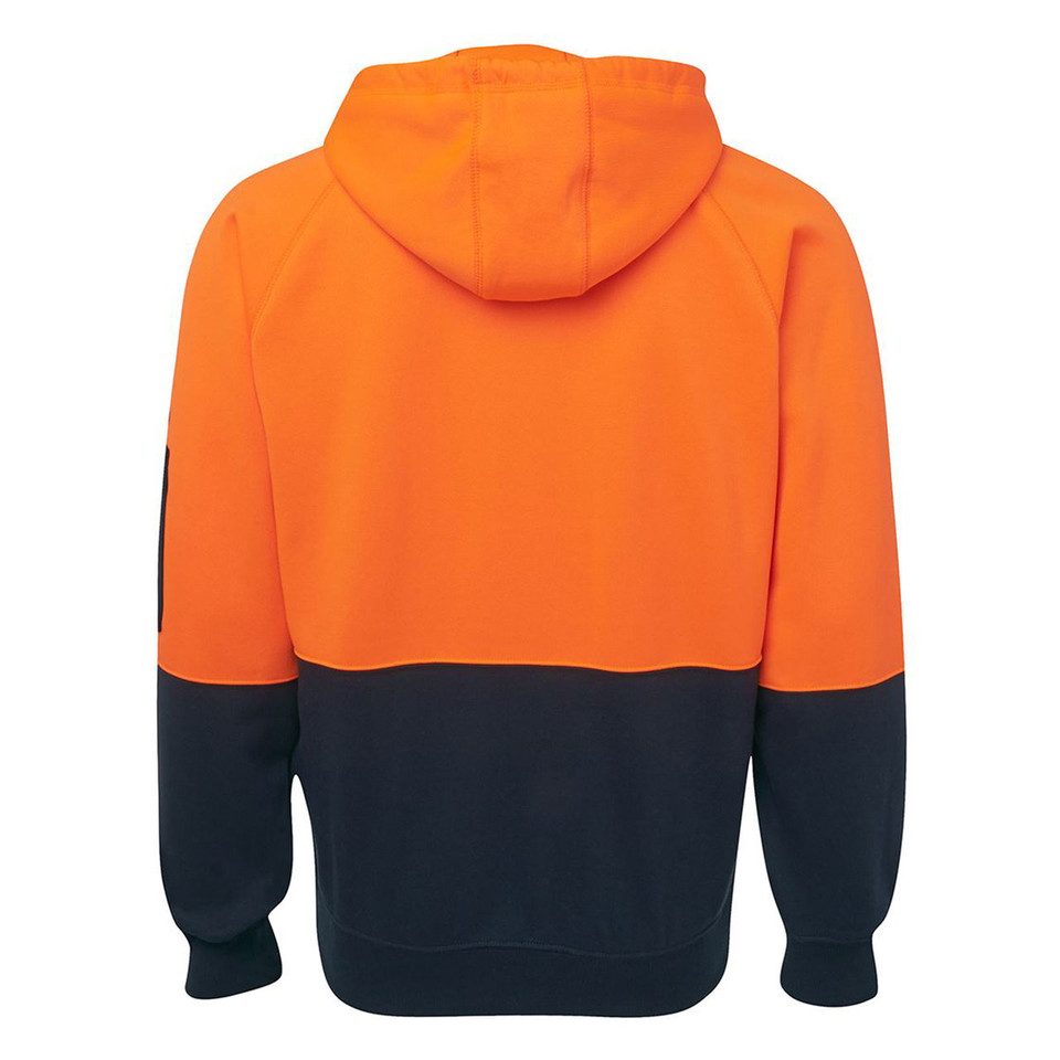 Safety orange and navy two-tone hi vis fleece hoody jacket shown from back with hood up and colour block panel design