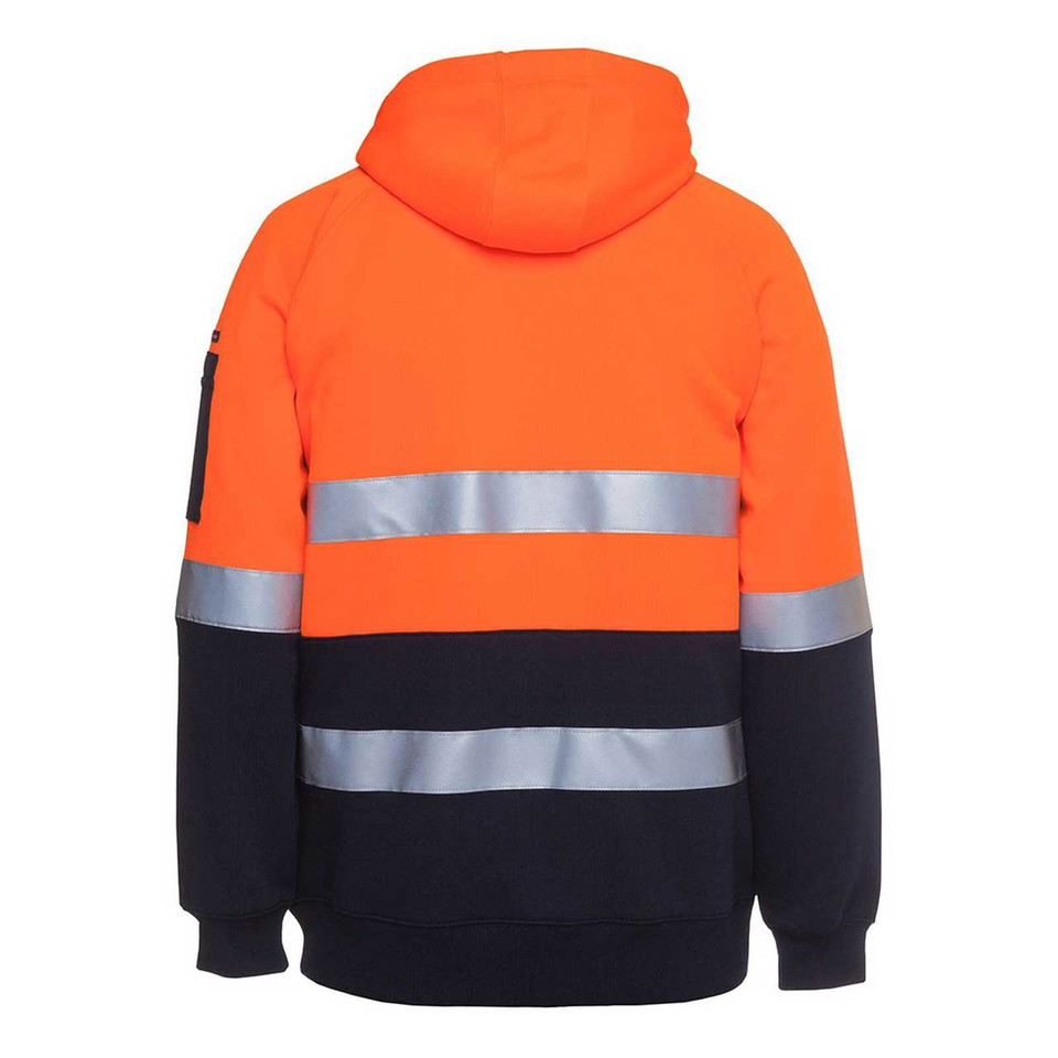 Orange and navy two-tone hi vis zip hoodie rear view with dual 3M reflective tape bands and ribbed cuffs