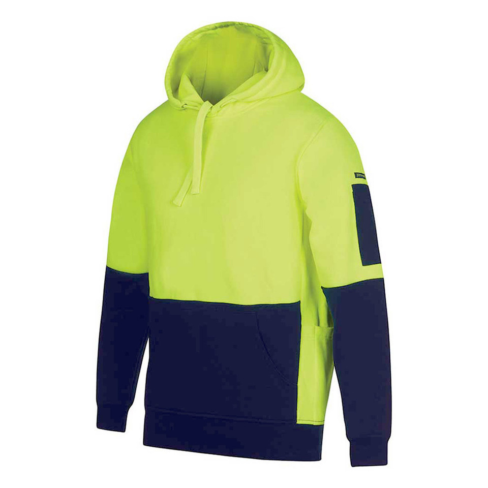 Safety yellow and navy two-tone heavyweight fleece hoodie with kangaroo pocket and contrasting panels