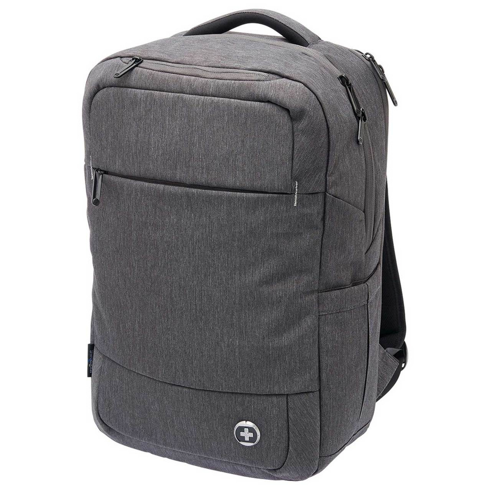 Charcoal grey marl laptop backpack with multiple zip compartments, top carry handle and Swissdigital cross logo badge